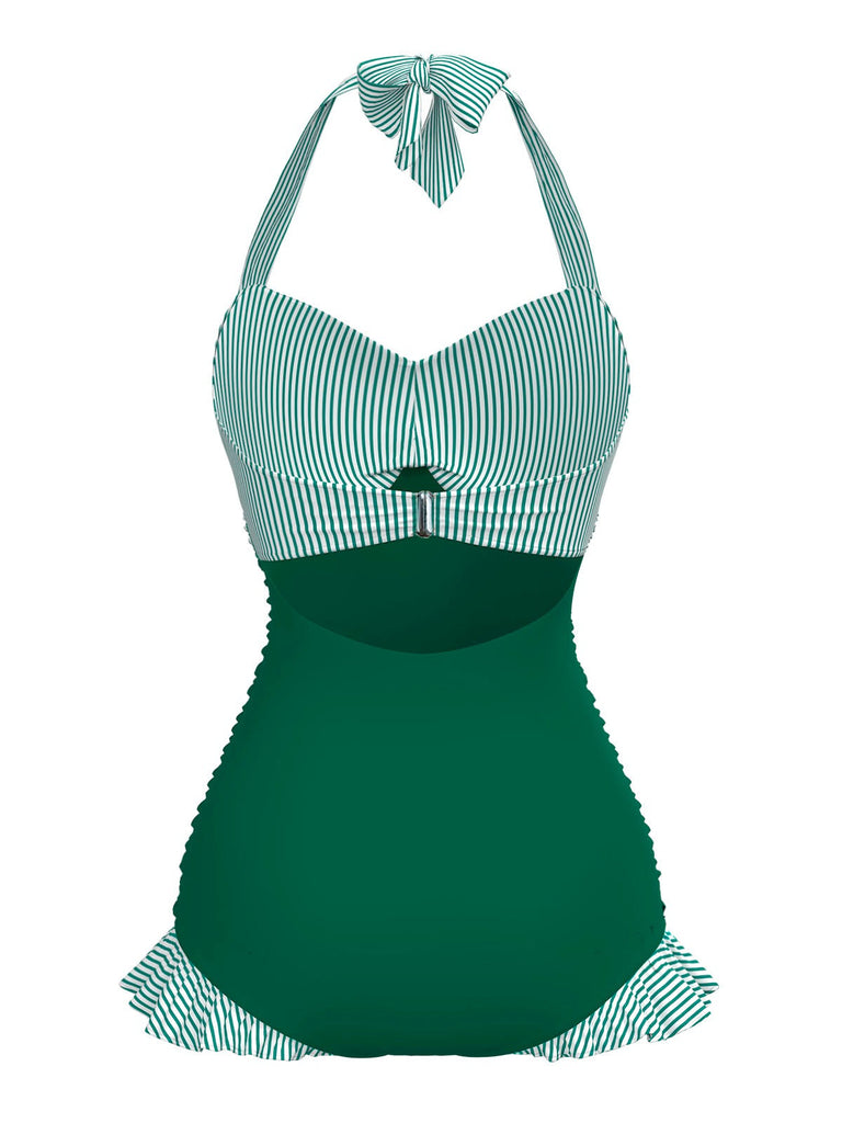 Maillot de bain une pièce dos nu rayé vert des années 1940