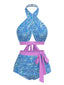 Maillot de bain dos nu croisé à imprimé cachemire violet années 1970