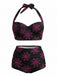Maillot de bain dos nu à lacets imprimé floral noir des années 1950
