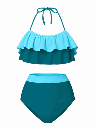 Maillot de bain taille haute à volants et colorblock des années 1940