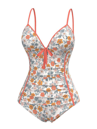 Maillot de bain une pièce froncé à fleurs orange des années 1960