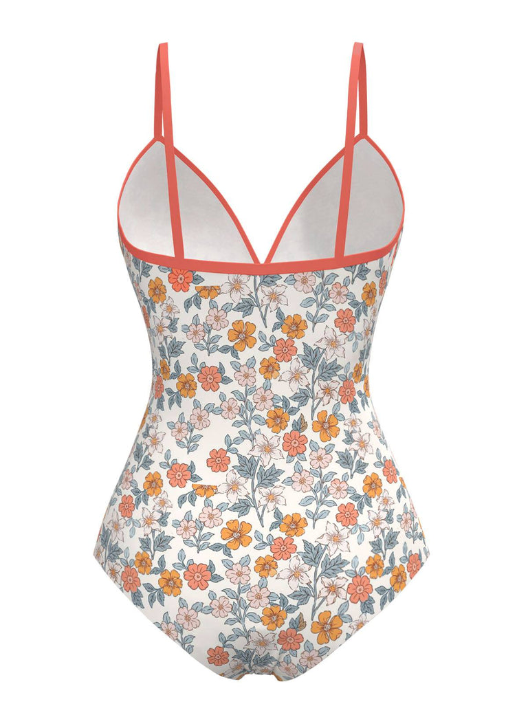 [Prévente] Maillot de bain une pièce froncé à fleurs orange des années 1960