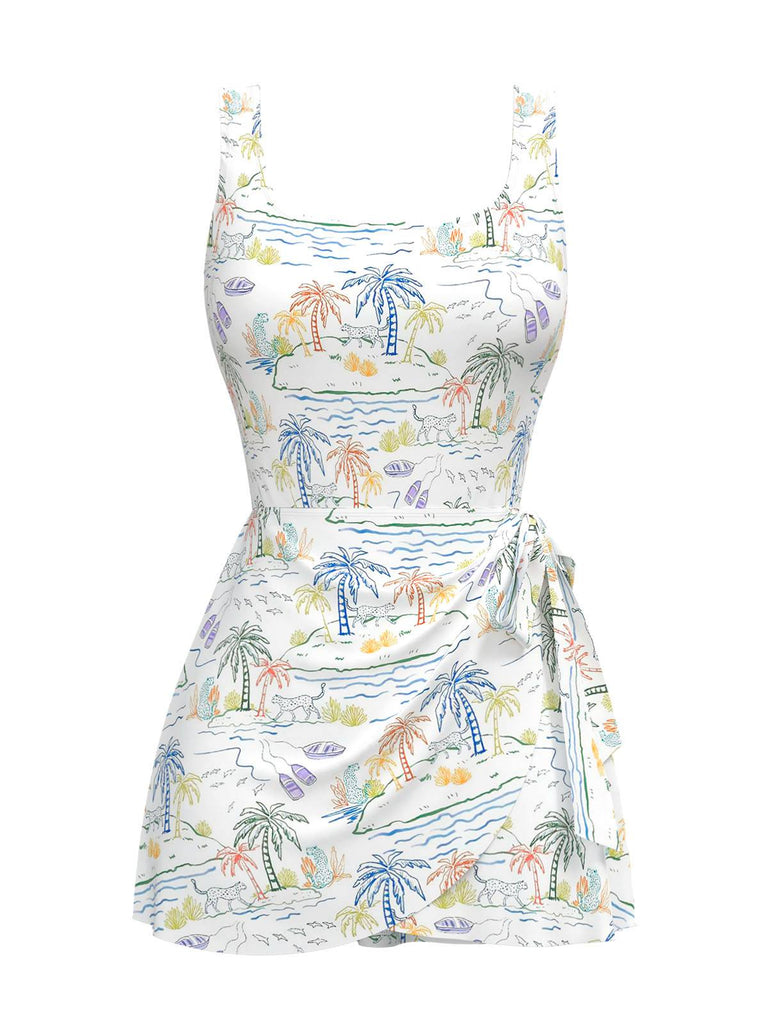 Robe de bain blanche col carré cocotiers peintes années 40