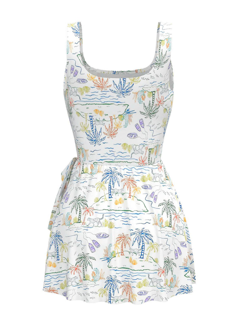 Robe de bain blanche col carré cocotiers peintes années 40