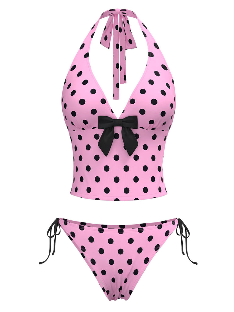 Ensemble bikini dos nu rose à pois et nœud années 1970