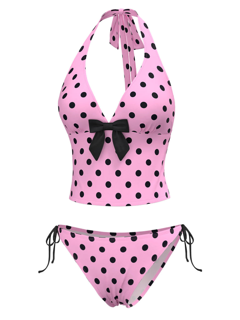 Ensemble bikini dos nu rose à pois et nœud années 1970