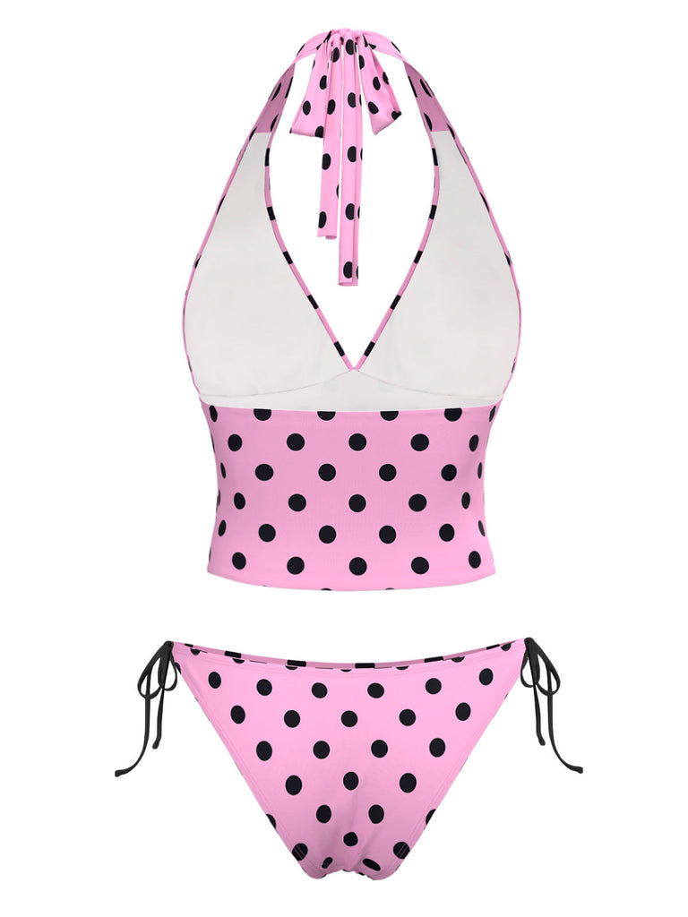 Ensemble bikini dos nu rose à pois et nœud années 1970