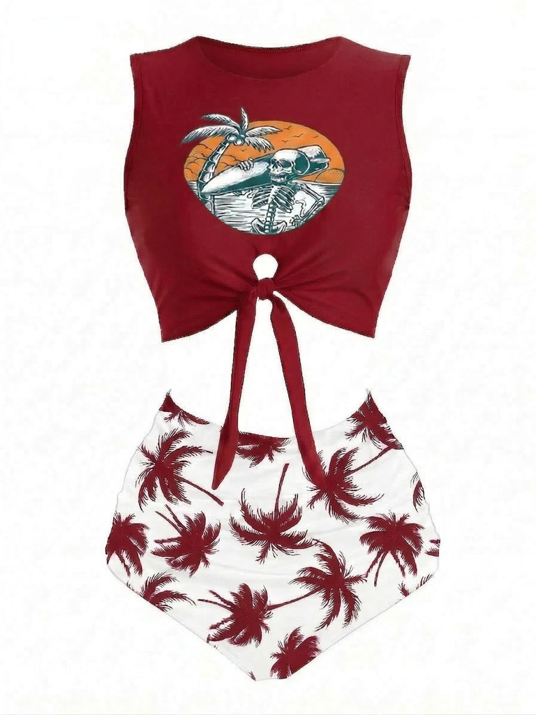 Ensemble tankini squelette de plage avec nœud sur le devant années 1980