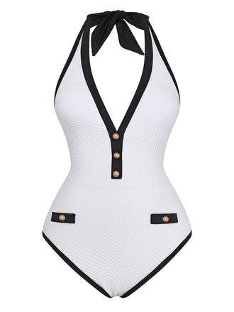 Maillot de bain dos nu col V boutonné 1950s