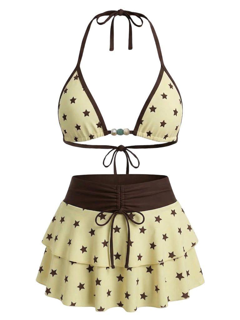 Ensemble bikini jaune imprimé floral nouer sur le devant volants années 1960