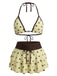 Ensemble bikini jaune imprimé floral nouer sur le devant volants années 1960