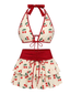 Ensemble bikini rose imprimé cerises nouer sur le devant volants années 1960