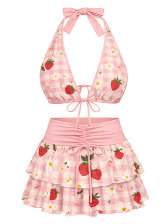 Ensemble bikini rose fraise imprimé floral nouer sur le devant volants années 1960