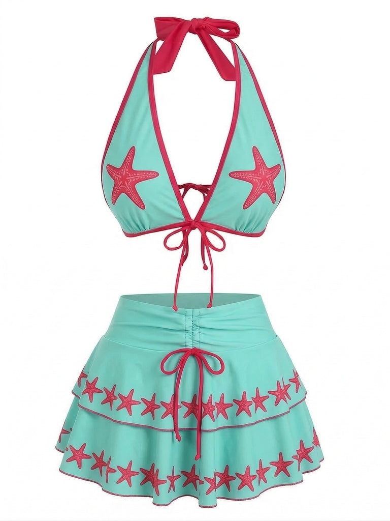 Ensemble bikini jaune imprimé floral nouer sur le devant volants années 1960