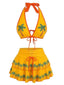 Ensemble bikini jaune imprimé floral nouer sur le devant volants années 1960