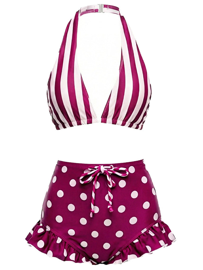 Maillot De Bain Rouge Et Blanc À Rayures Bretelles Nues À Pois Volants Année 1940