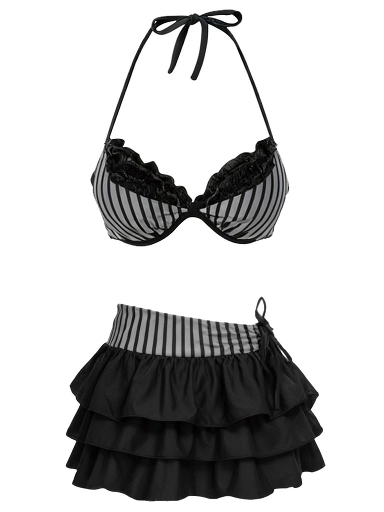 2PCS Ensemble bikini dos nu rayé gris et paréo à volants années 60