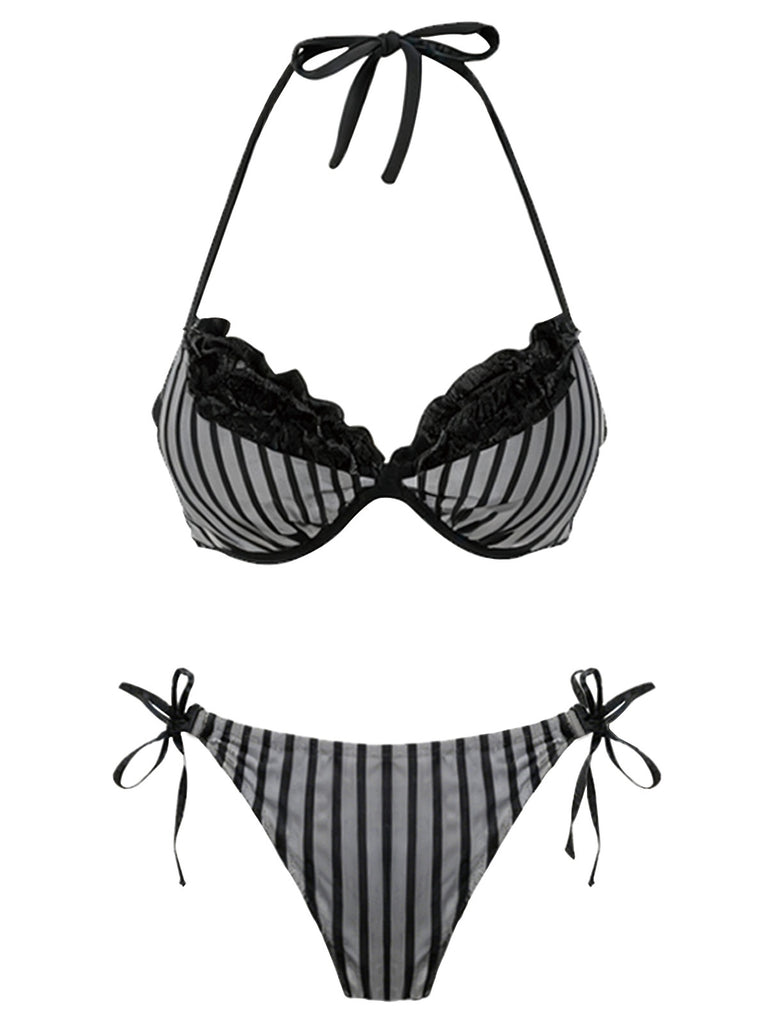 2PCS Ensemble bikini dos nu rayé gris et paréo à volants années 60