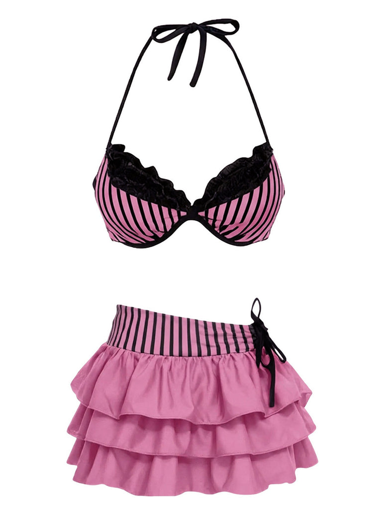 2PCS Ensemble bikini dos nu rayé gris et paréo à volants années 60