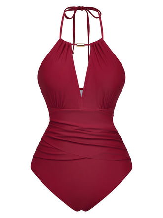 Maillot De Bain Une Pièce Bretelles Nues Col V Profond Froncé Année 1940