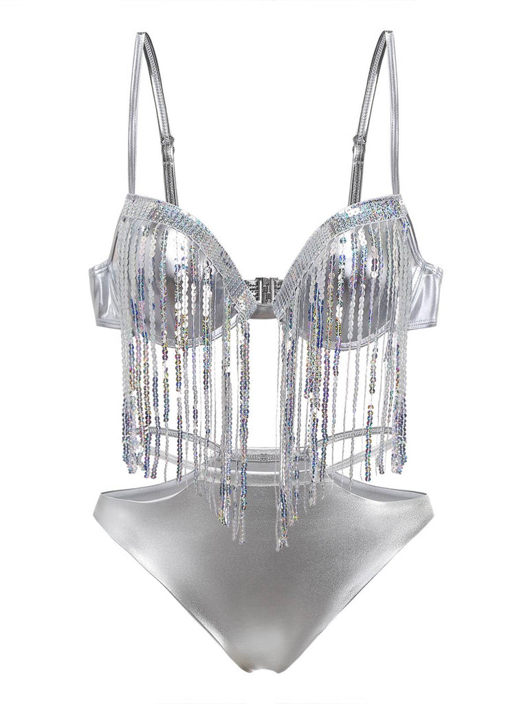 Ensemble De Bikini Argenté Holographique Paillettes Franges Année 1970