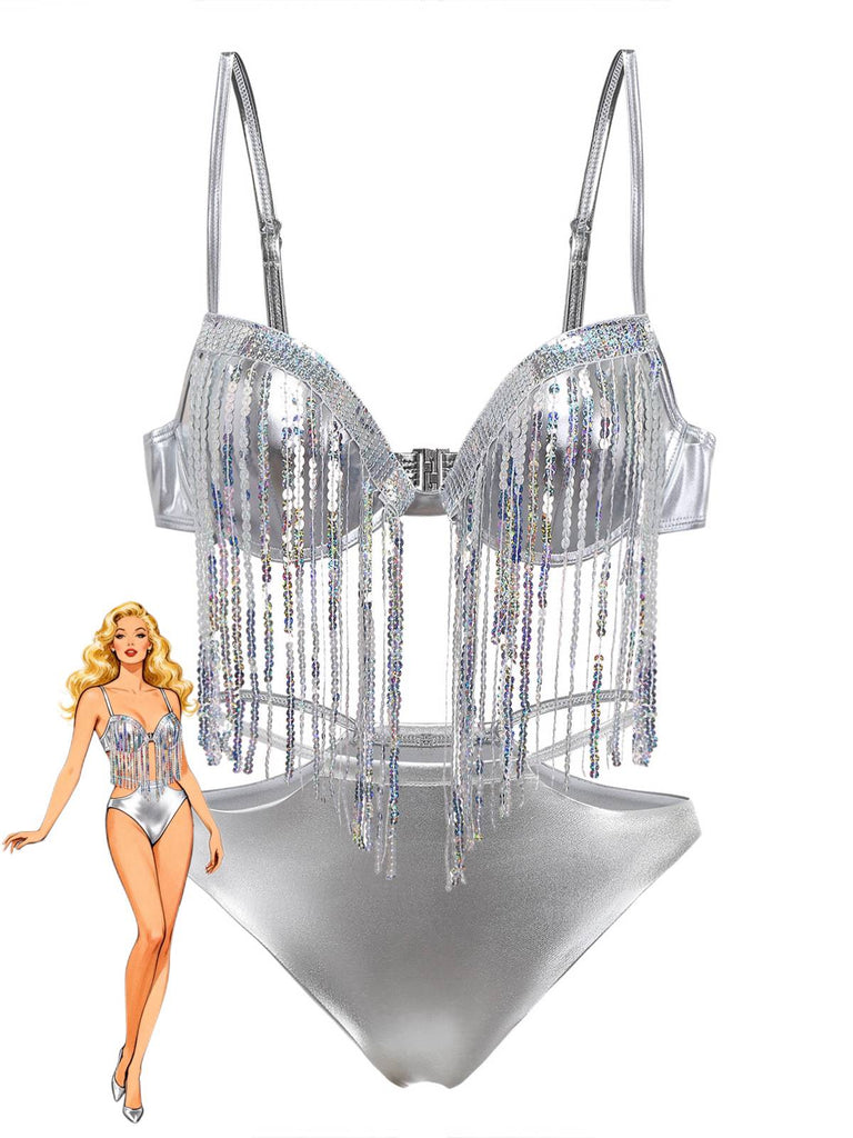 Ensemble De Bikini Argenté Holographique Paillettes Franges Année 1970