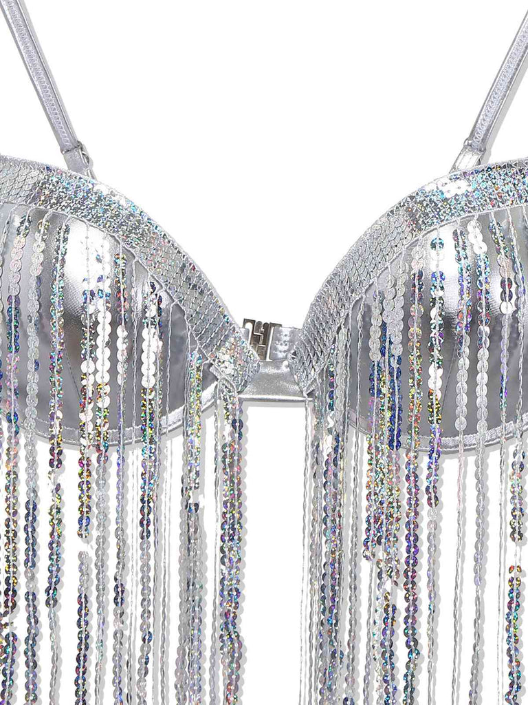 Ensemble De Bikini Argenté Holographique Paillettes Franges Année 1970