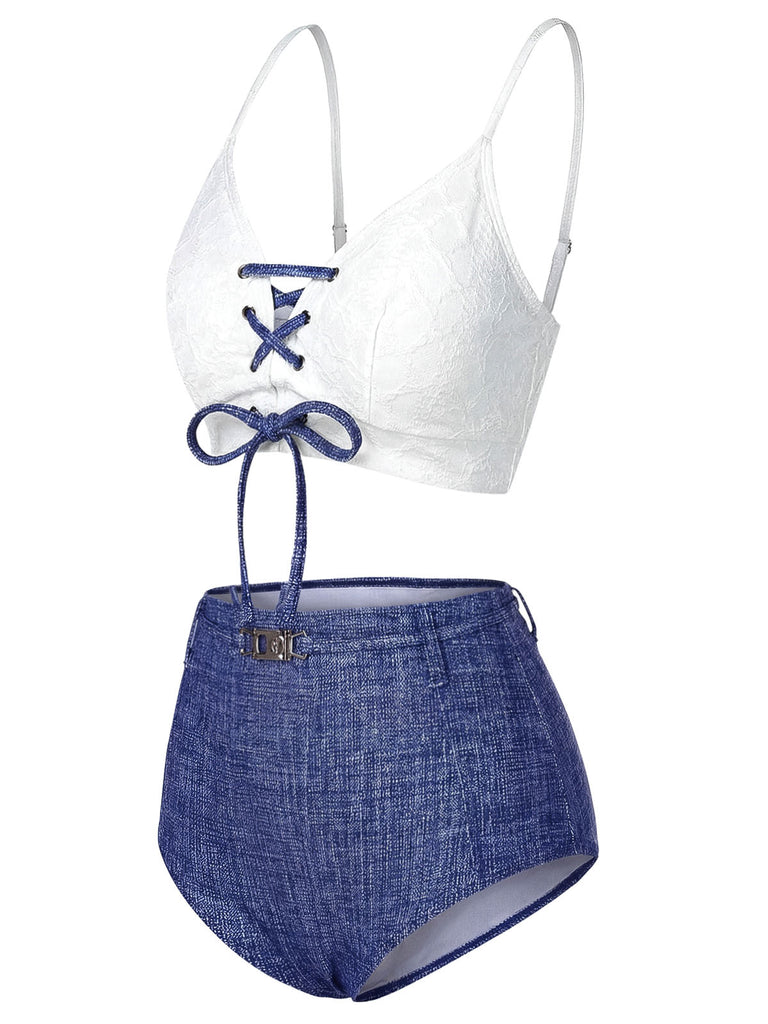 Bikini dentelle lacets col licou faux jean bleu 1940s