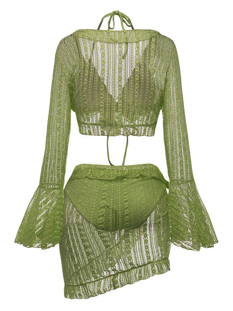 4PCS Ensemble bikini dos nu paréo transparent manches cloche 1970s