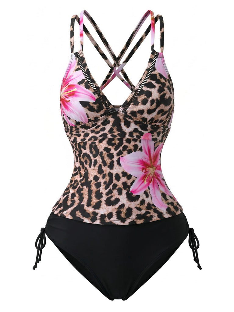 Ensemble tankini patchwork floral à col en V années 1950