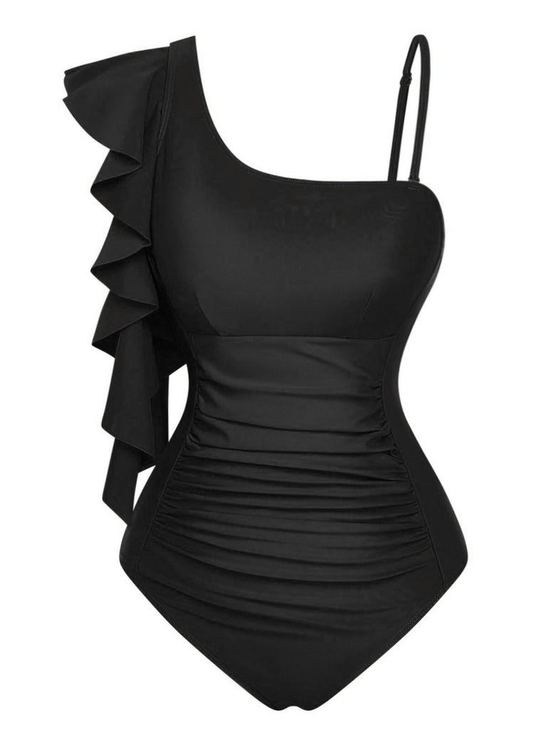 Maillot de Bain Une Pièce à Col Asymétrique et Volants Années '40 7