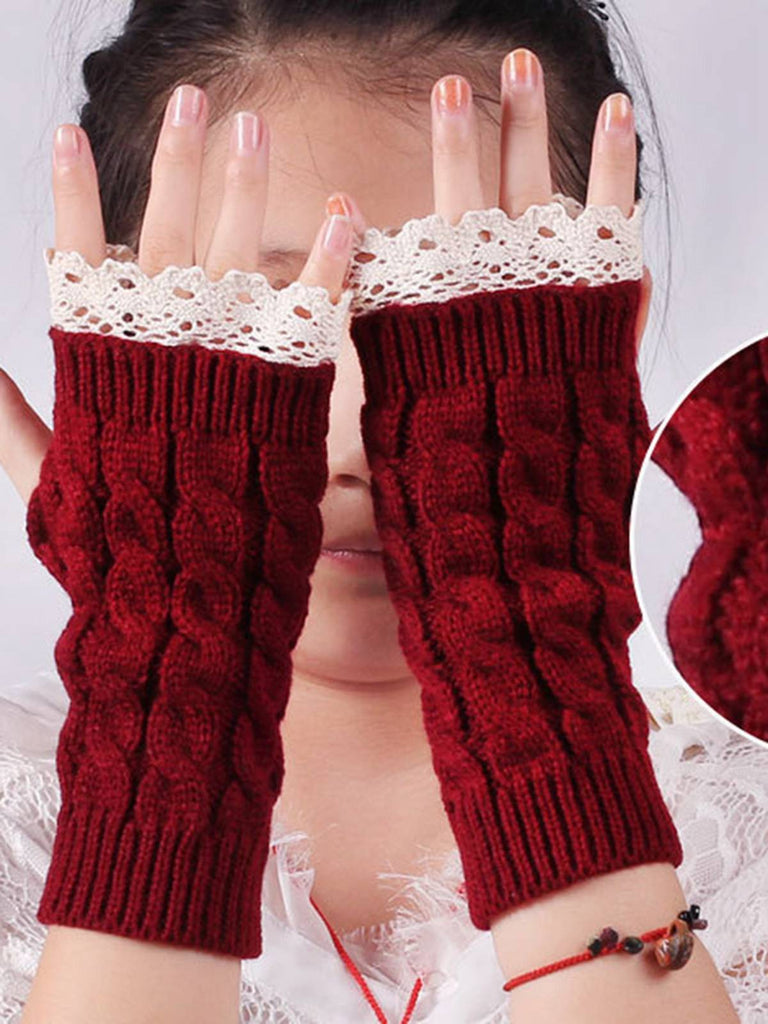 Gants sans doigts en tricot torsadé patchwork de dentelle vintage