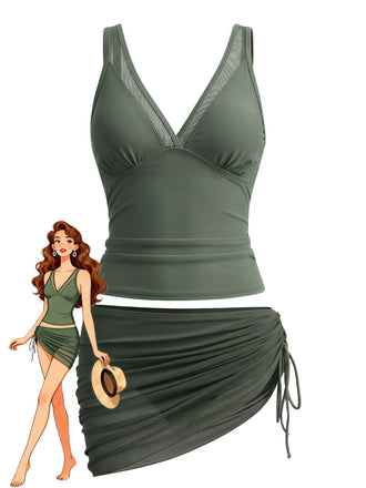 Ensemble Tankini Col V Maille Uni et Jupe Froncée Années 1960