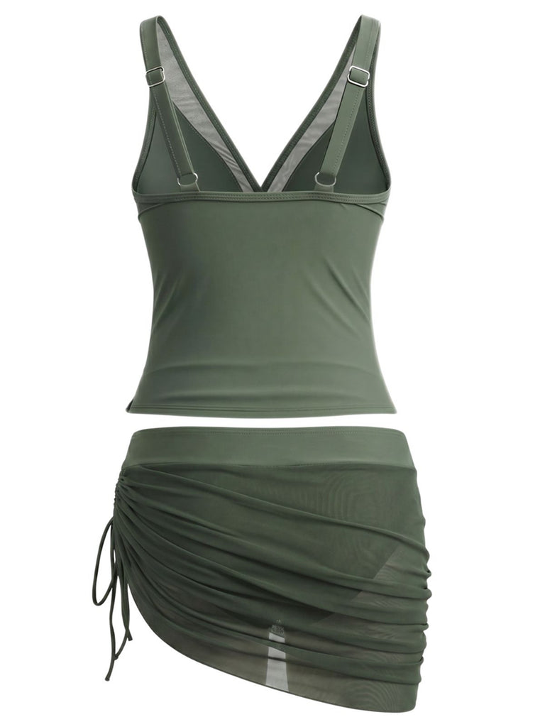 2PCS Ensemble tankini maille unie col V et jupe froncée années 1960