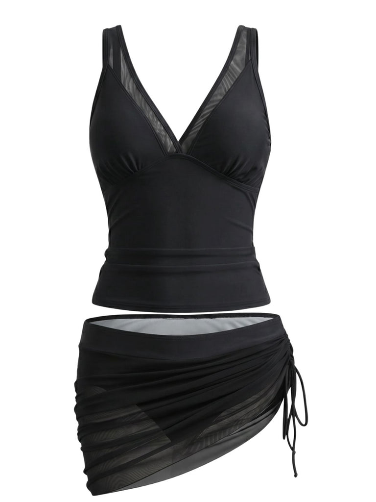 2PCS Ensemble tankini maille unie col V et jupe froncée années 1960