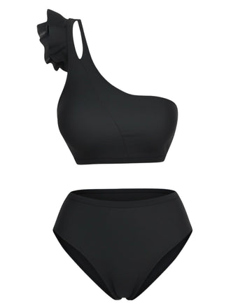 Ensemble Tankini Une Épaule Volant Taille Haute Noir Années 1960 2