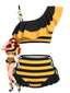 Ensemble bikini à rayures abeilles et volants marguerite 3D années 40