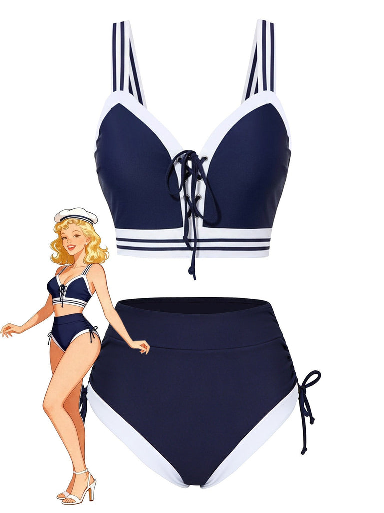 Ensemble bikini à lacets rayé bleu style nautique années 1940