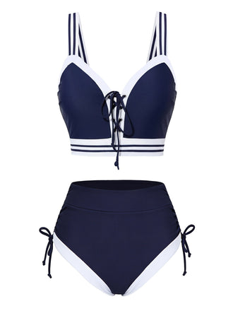 Ensemble bikini à lacets rayé bleu style nautique années 1940