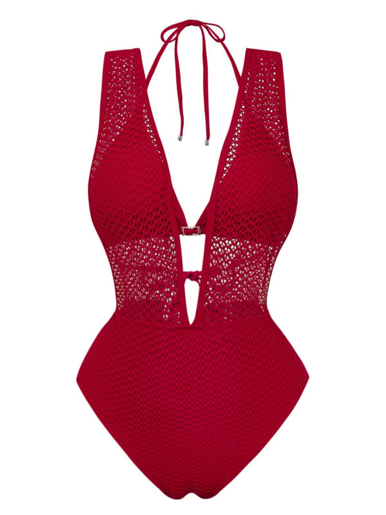 Ensemble maillot de bain dos nu en maille crochetée décolleté en V profond années 1950