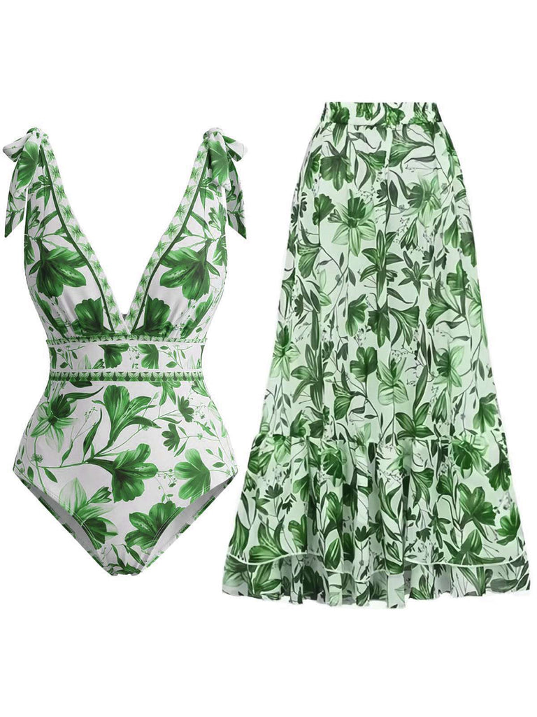 2PCS Maillot de bain vert à fleurs et cache-maillot années 1940