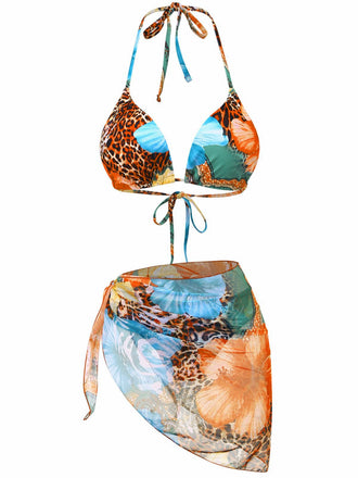 Ensemble bikini licou fleurs léopard et paréo 1950s