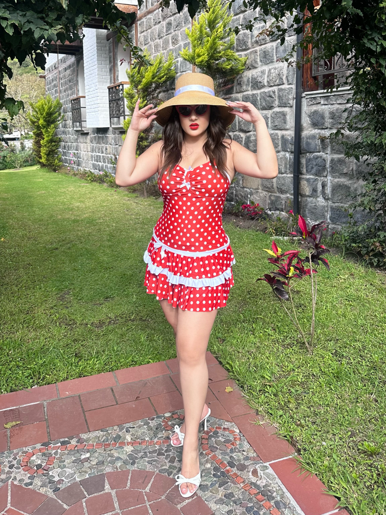 Maillot de bain jaune col licou à pois années 40