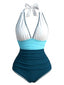 Maillot de bain bleu et blanc brodé de motifs zigzag et à col en V années 1950