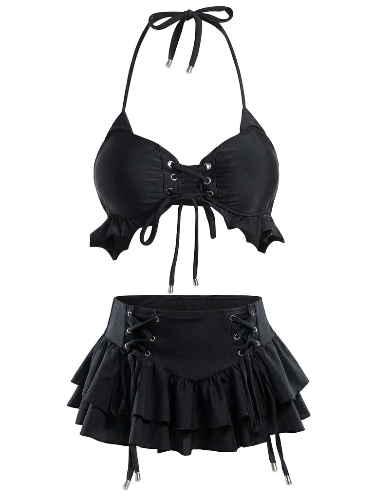 Ensemble bikini noir dos nu avec paréo à volants années 50