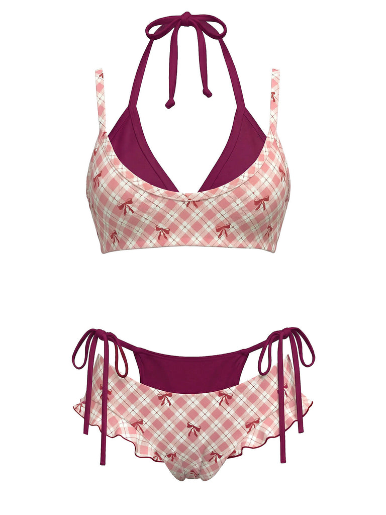 Ensemble bikini double épaisseur à carreaux Jaune nœud et dos nu années 50