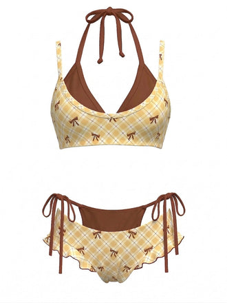 Ensemble bikini double épaisseur à carreaux Jaune nœud et dos nu années 50