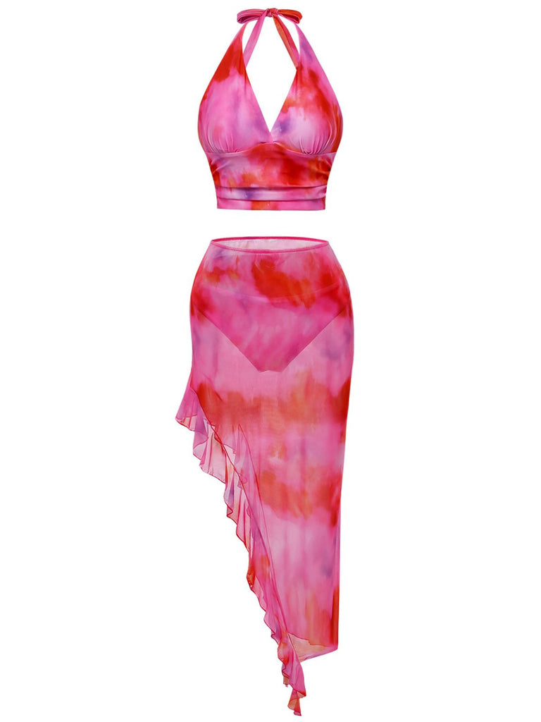 Rose Dégradé Halter Ensemble Tankini & Asymétrique Cache-Maillot Années 1950 2