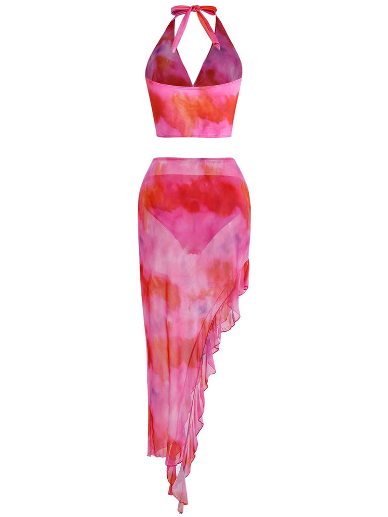 Rose Dégradé Halter Ensemble Tankini & Asymétrique Cache-Maillot Années 1950 3
