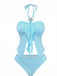 Bleu Ciel Halter Volant Nœud Pailleté Ensemble Tankini Années 1950 2